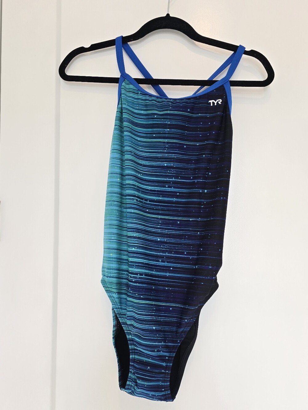 NWT TYR Teal and Navy Striped One-Piece Racing Swim Suit Msrp $90